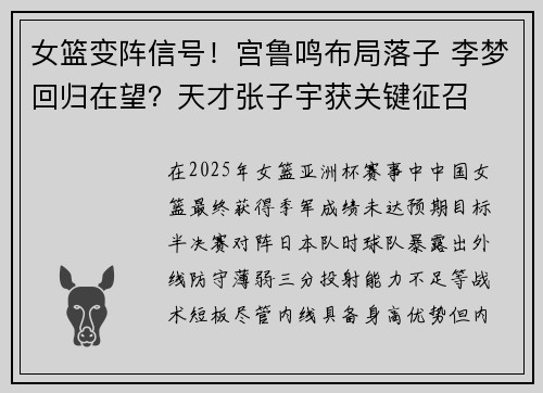 女篮变阵信号！宫鲁鸣布局落子 李梦回归在望？天才张子宇获关键征召