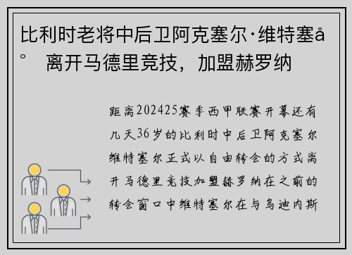 比利时老将中后卫阿克塞尔·维特塞尔离开马德里竞技，加盟赫罗纳